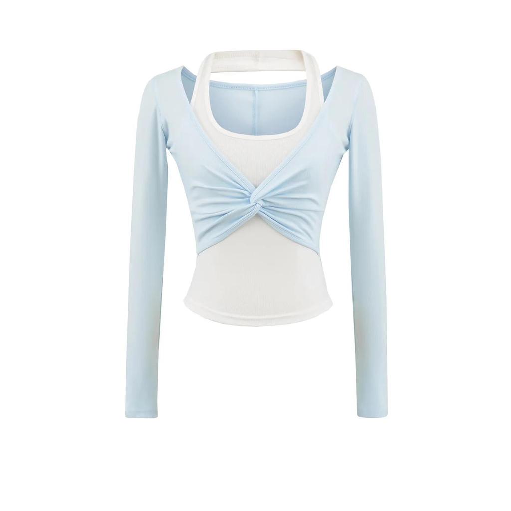 American Spicy Girl Colorblock Twisted Long Sleeve Contrast Halter Shirt - Women's Spring/Autumn Slim Fit 