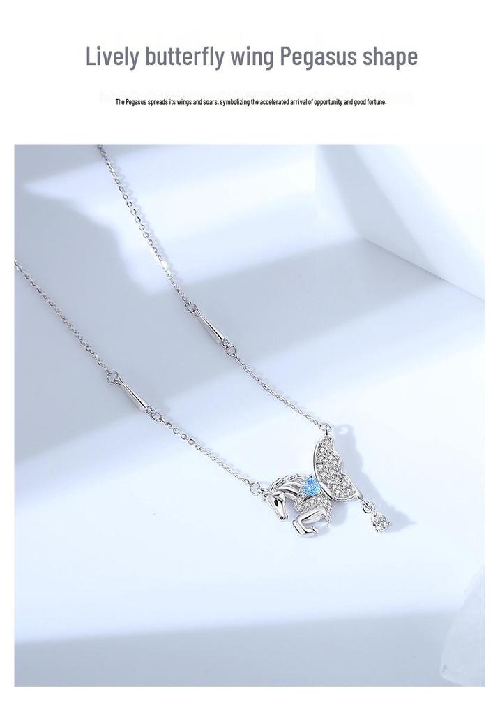 Tichia S925 Sterling Silver Pegasus Necklace - Original Butterfly Wing, Light Luxury Design, 2026 Zodiac Horse Clavicle Chain for Women