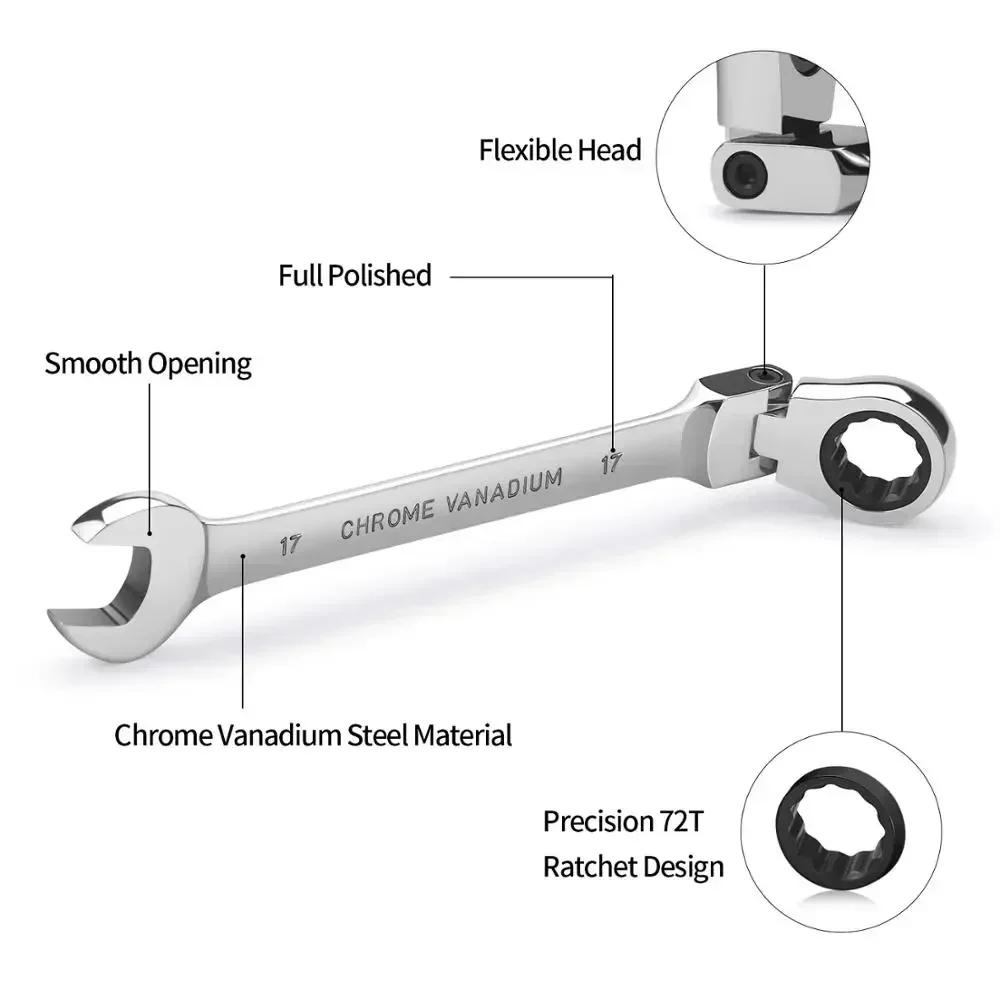 1PCS Flex-Head Ratcheting Combination Wrench Set,72-Teeth, Cr-V Constructed Metric 6-24mm for Hex Nuts Bolts Standoffs