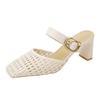 Woven sandals women's summer 2025 new models with skirts French square head thick heel hollow outer wear bag head half slippers