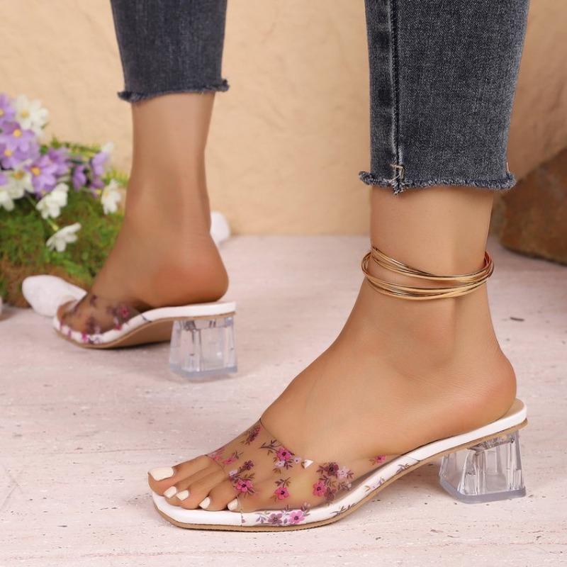 2026 Crystal Square Slippers Summer New Square Head Open-toed Printed Transparent Belt Anti-slip Wear-resistant Heel Shoes