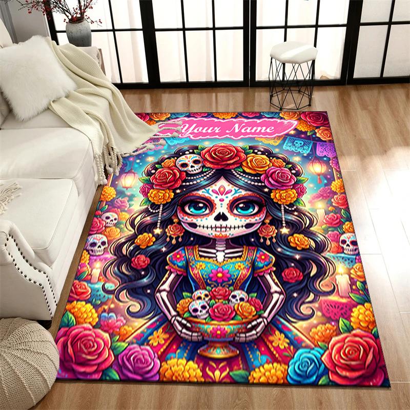 1PC Custom Name Day Dead Celebration Theme Floor Mat Ideal for Living Room, Game Rooms, Office, Bedroom,Floor Mat Playful Design