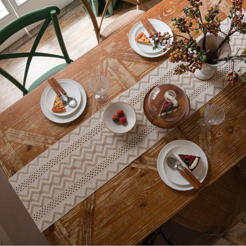 Vintage Style Christmas Table Runner with Long Fringe Khaki Woven Jacquard Wave Design for TV Cabinet Decor