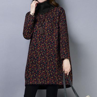 Autumn Winter Turtleneck Vintage Printed Thick T-shirt Women's Clothing Fashion Long Sleeve Loose Midi Tops Pullovers Female