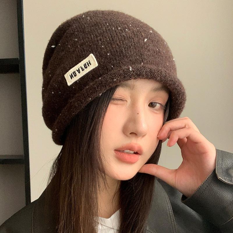 Autumn and winter pile hats women's big head circumference shows the face small headgear versatile warm ear protection knitted hat