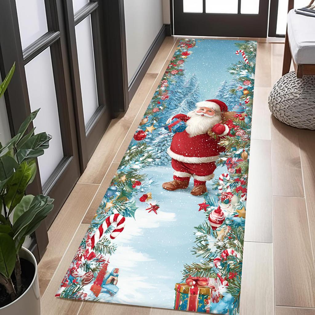Cartoon Santa Claus Winter Christmas print Runner Rug,Hallway,Bedside,Terrace,Washable Runner Rug,Fun Christmas Decor Gift
