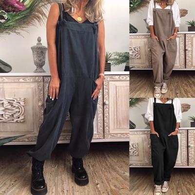 Damen Jumpsuit mit Taschen, lässig, einfarbig, ärmellos, lange Hosen, Riemen