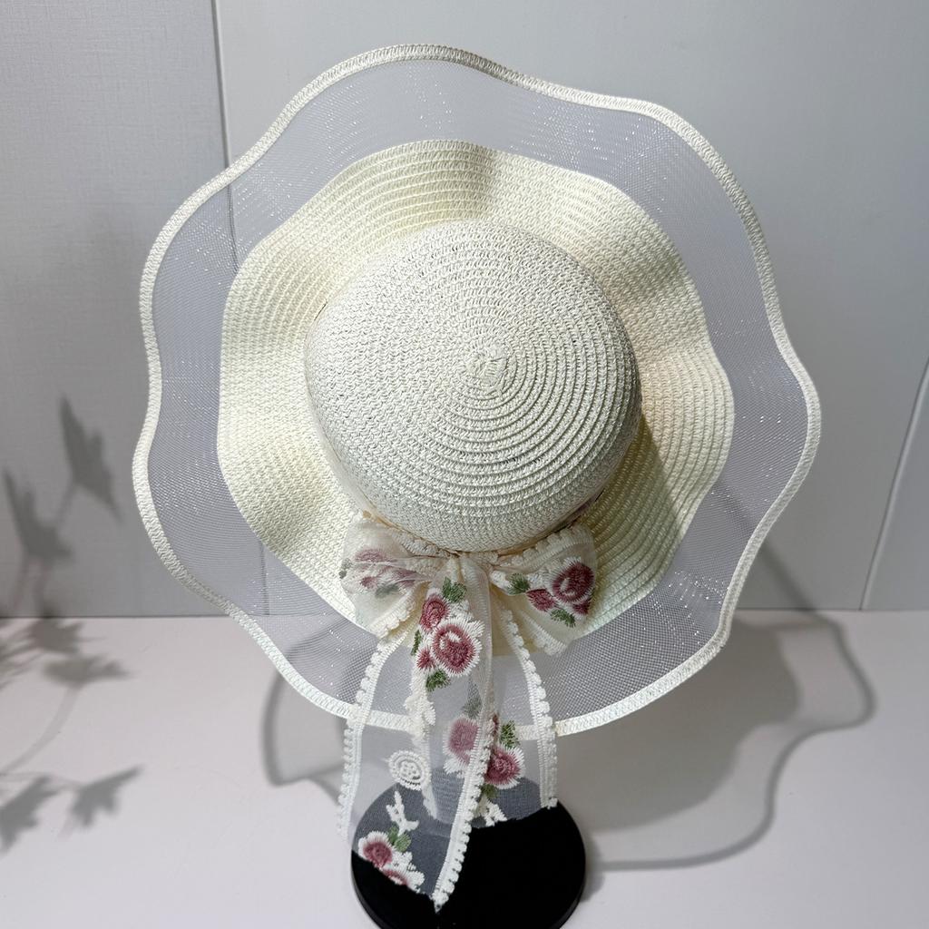 Wave edge flower woven straw hat women's summer seaside vacation sun hat large brim shading sun protection hat