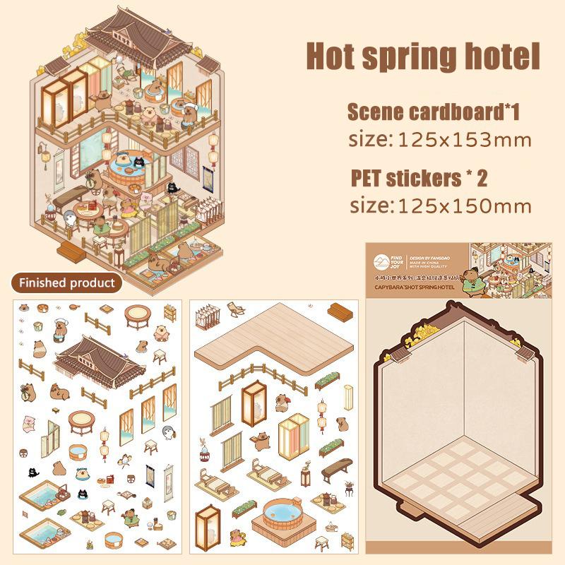 Cartoon Capybara Landscape Sticker Kawaii 3D Miniature Scene DIY Cabin Scene Visual Stacking Pasting Sticker Gift for