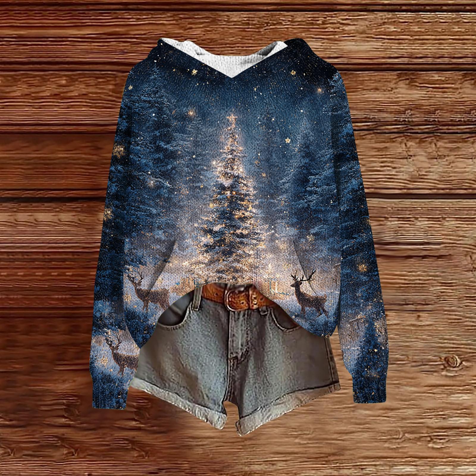 

Женский модный повседневный трикотажный худи с длинным рукавом и рождественским принтом XXL синий