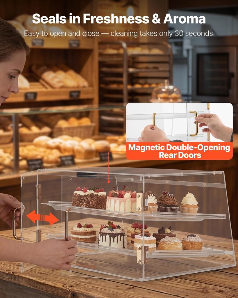 Bakery Display Case, 2-Tier Commercial Countertop Pastry Display Case, Clear Acrylic Bread Box for Kitchen, Party Cake Cabinet with Magnetic Rear Door