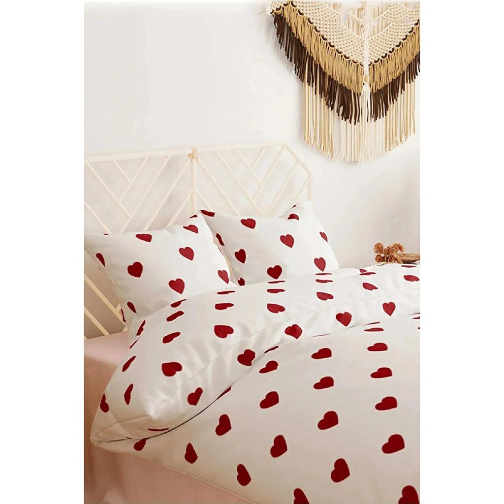 Spannbettlaken-Bettbezug-Set für Doppelbett, kleine Herzen, Rot