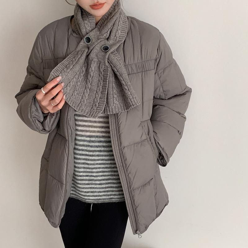 Crew neck scarf down jacket women's winter new medium and long thin drawstring white duck down small coat