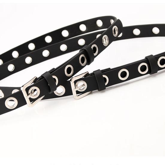Women Thin Pants Belt Metal Buckle Faux Leather Waistband Adjustable Length Multi Holes Design Jeans Belt