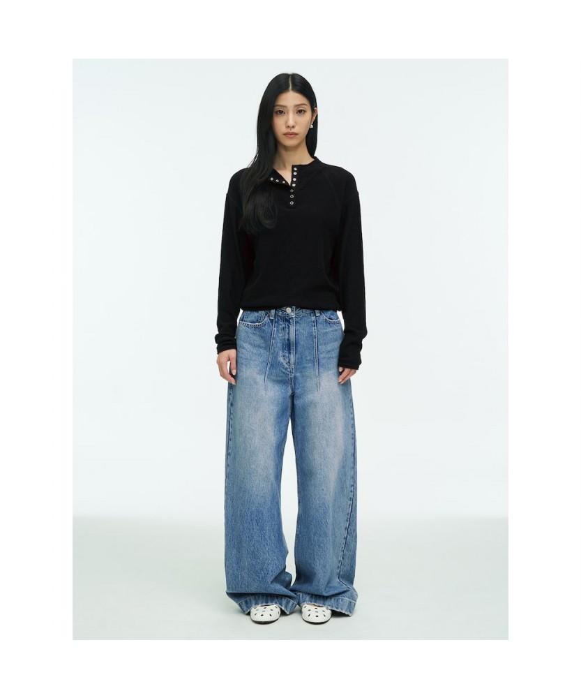 Anggae Half Neck Button Pullover Black