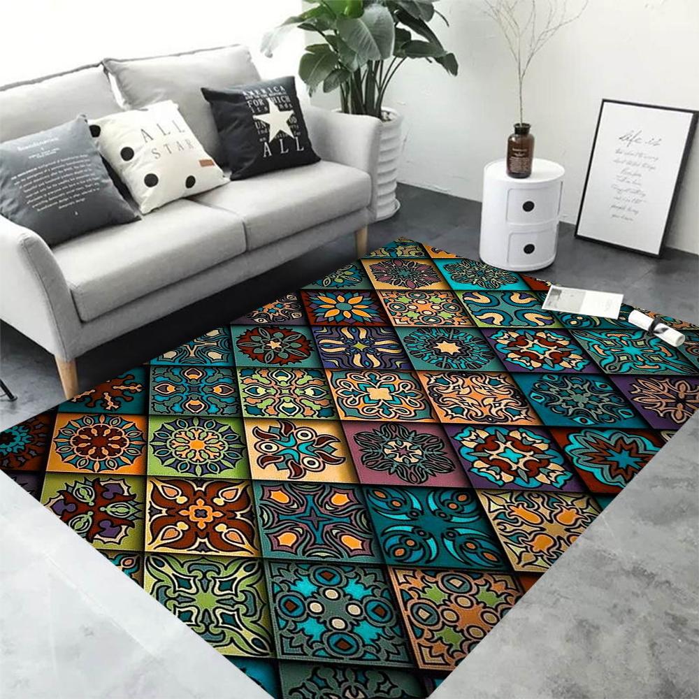 Colorful Patchwork Mandala Rug Bohemian Style Carpet Non-Slip Mat for Living Room Bedroom Home Decoration