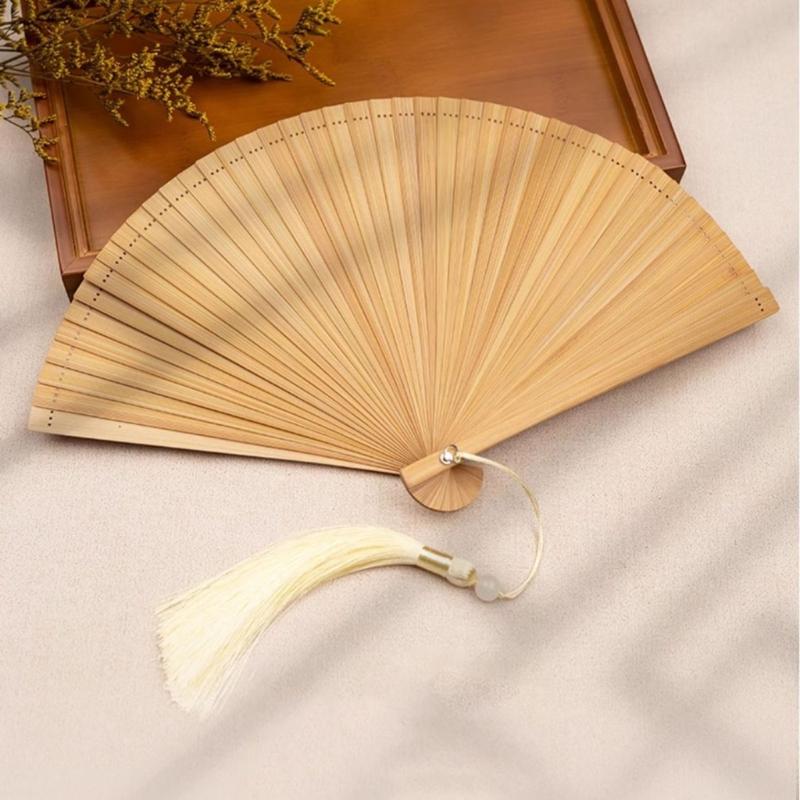 Artisanal Bamboos Folding Hand Fan Minimalists Handmade Craft Cooling Fan with Tassels Festivals Teas Ceremonies Decors