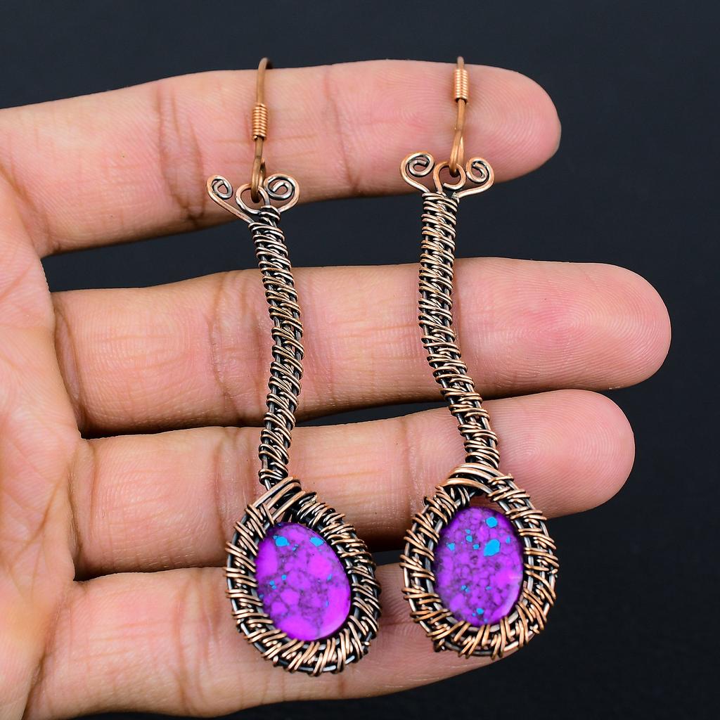 Copper Purple Turquoise Handmade Copper Wire Wrap Earring 3.54 Y1r09