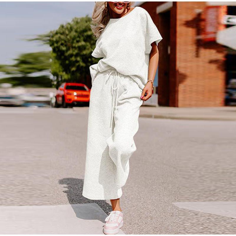 Sets for Women Summer Lounge Sets O-Neck Tops Wide Leg Crop Pants Vacation Travel Outfits