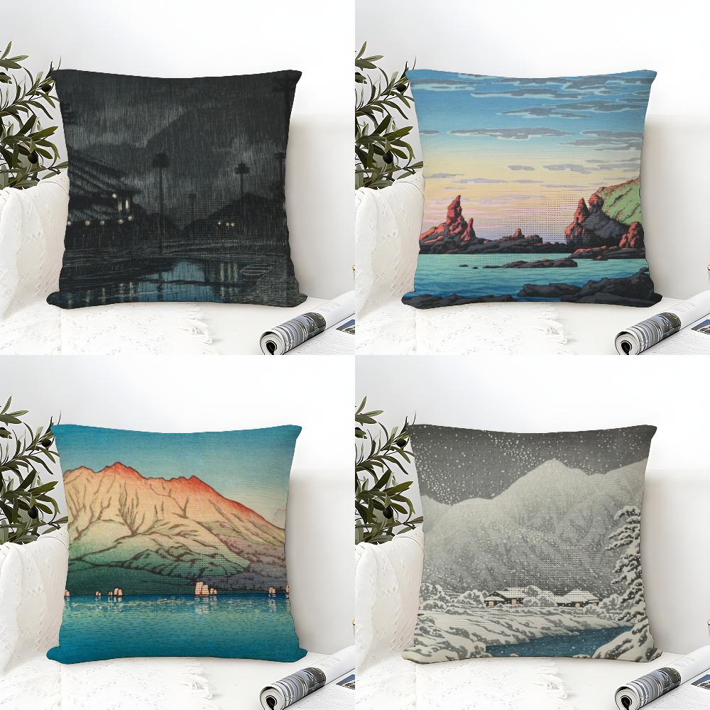 Landscape Kawase Hasui Pillow Case Natural Linen Organic Fabric Double-Sided Printing Sofa Home Decor Cushion Cover