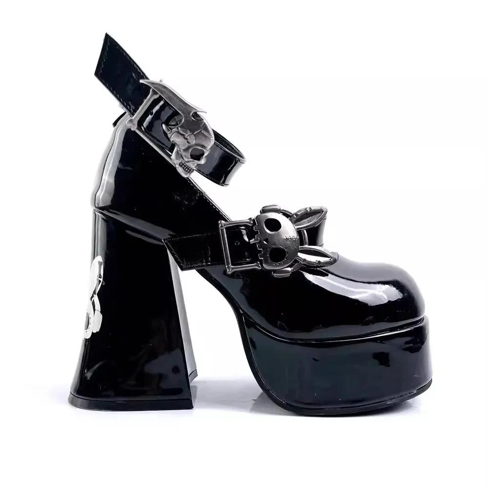 Cool Sweet Women's Punk Style High Heels Shoes Waterproof Platform Unique Gothic Mary Janes Customizable round Toe Rubber Sole