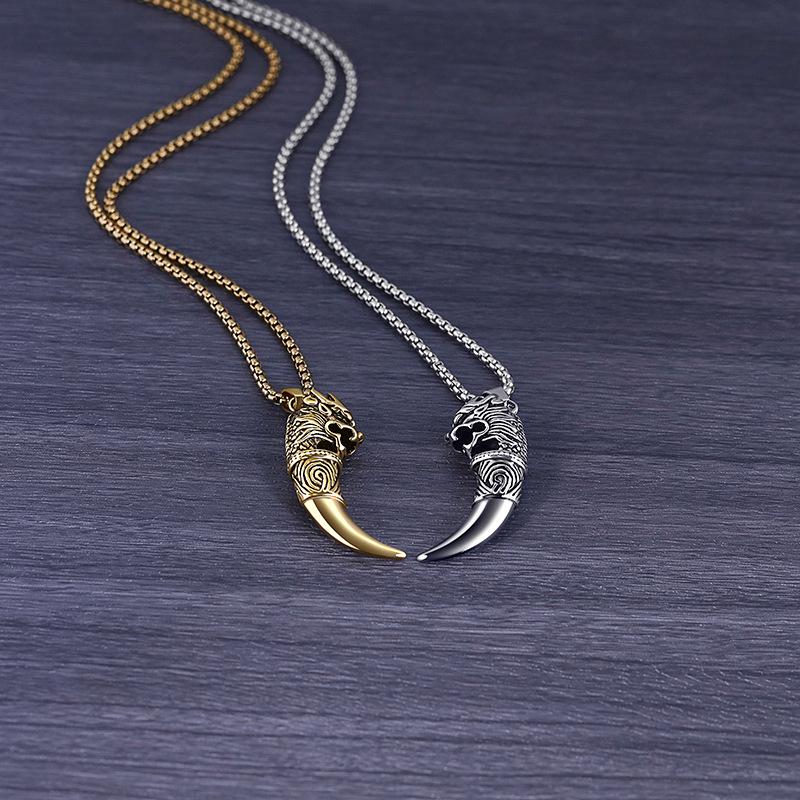 Titanium Steel Wolf Tooth Men's Necklace – Durable, Fade-Resistant Pendant with Retro European & American Hip Hop Style.