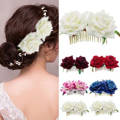 Elegant Röd Ros Hårnål Bröllopstillbehör Brudblomma Hårkam Brudtärna Hårprydnad