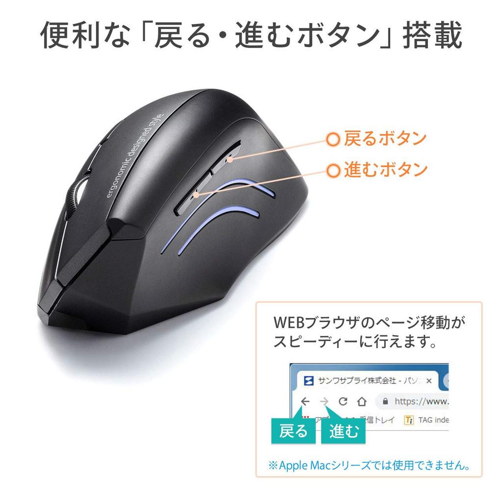 Sanwa Supply Wireless Ergonomic Mouse, Blue LED, 5 Buttons, Large, MA-ERGW8