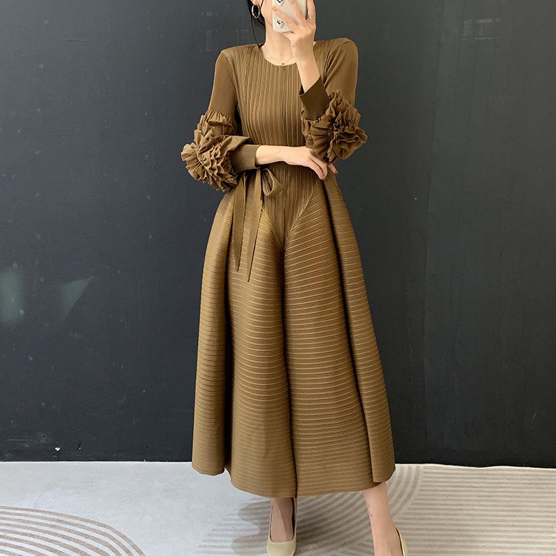 European  Southeast Asian Floral Lantern Sleeve Pleated Maxi Dress - Spring 2023 One Size хаки