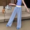 Women Plaid Wide Leg Pants High Waist Drawstring Straight Trousers Summer Draped Floor-Length Casual Pants