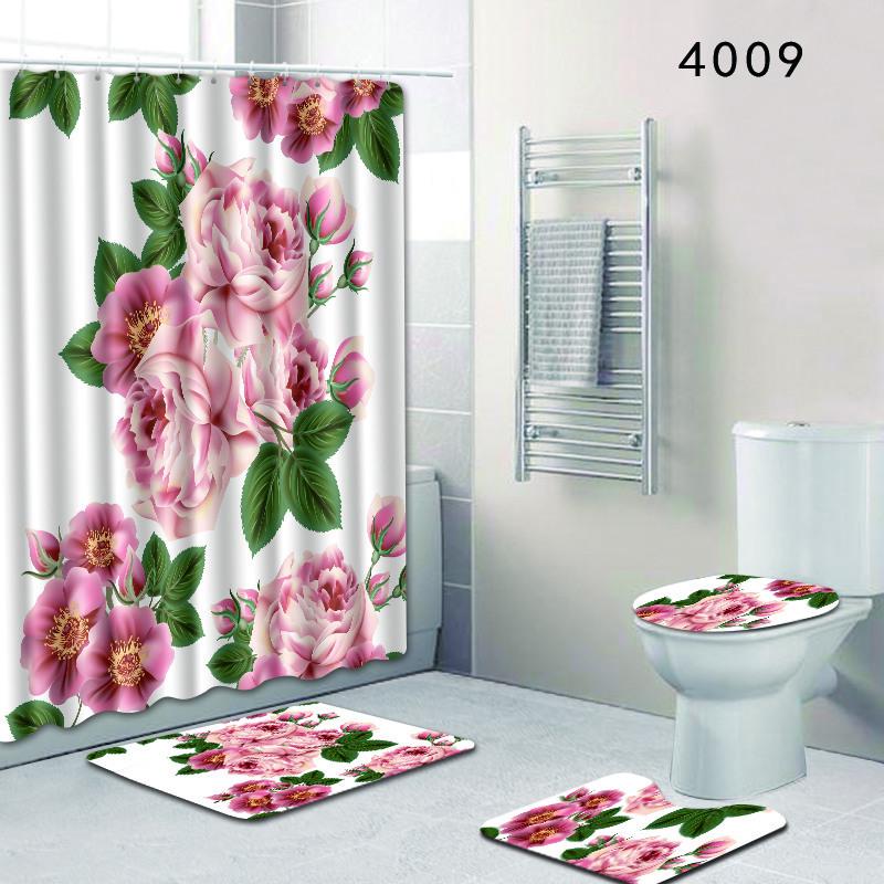 Painted Flowers Bathroom Shower Curtain Floor Mat Toilet Cover Foot Mat Four-Piece Pattern Size Fixed Zhi