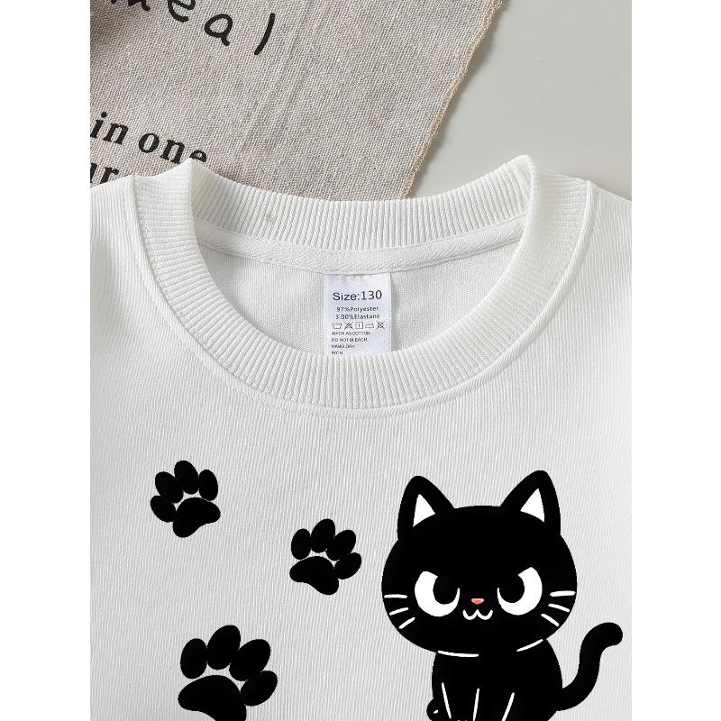 European sizes Girls Soft Crewneck Sweatshirt Cute Black Cat with Flower & Paw Prints, Casual All-Match, Ideal Holiday Present