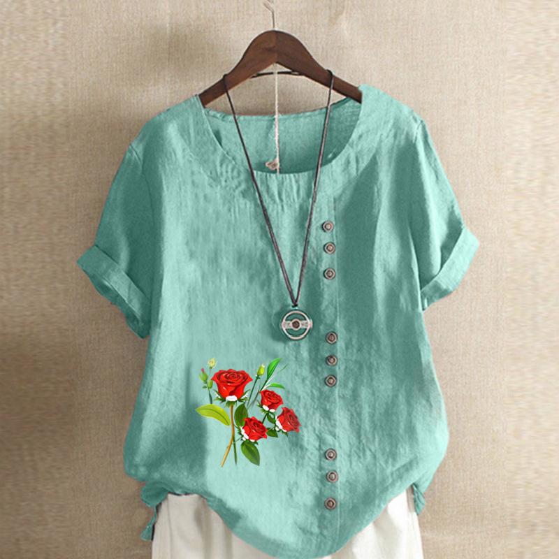 Damska moda kwiaty nadruk okrągły dekolt krótki rękaw T-shirt swobodna bawełna len grafika koszula wypoczynek luźna letnia bluzka topy plus size
