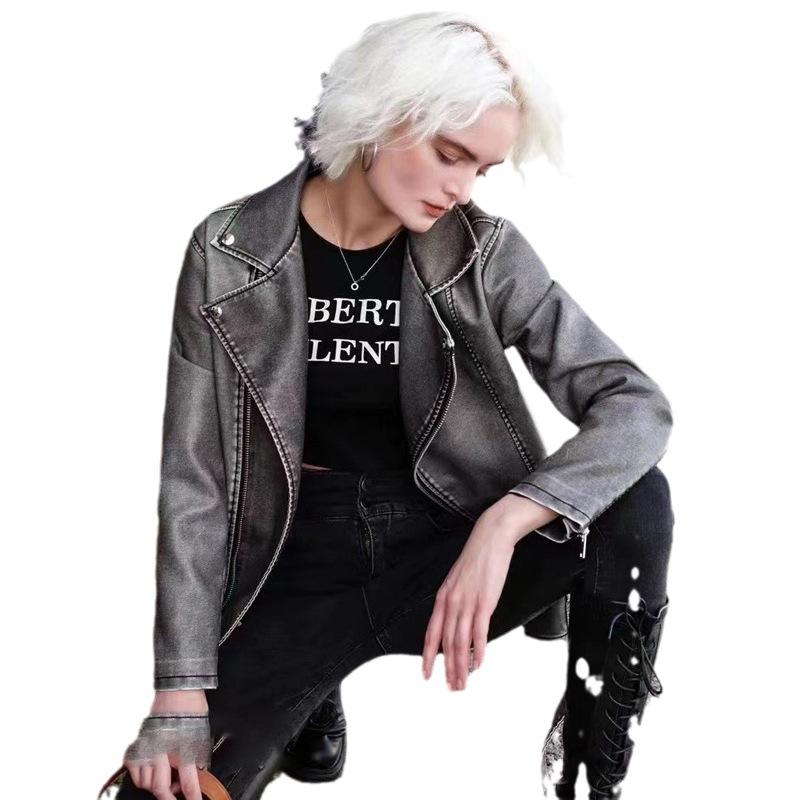 

Одежда из состаренной кожи в уличном стиле, женская осенняя одежда, свободные и облегающие куртки из искусственной кожи в мотоциклетном стиле, короткие куртки в гонконгском стиле XL