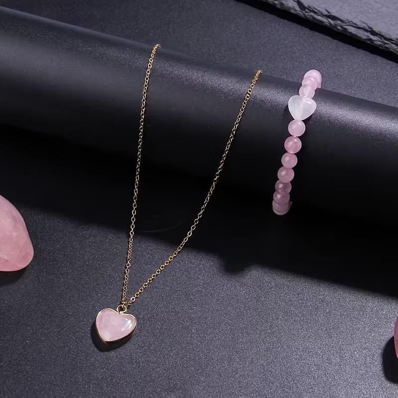 A set of bracelet necklace, natural pink crystal heart-shaped necklace, 6MM bead, natural stone bracelet, Valentine's Day gift