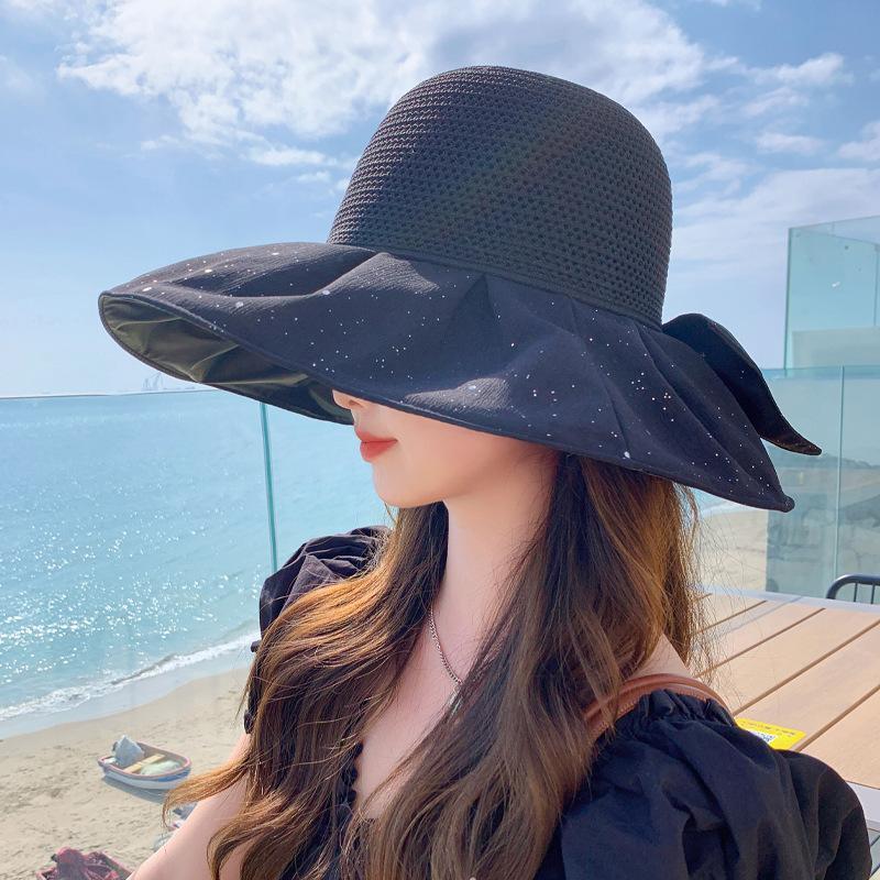 Hat Female Travel Color Glue Bucket Hat Mesh Bow Sun Hat New Sun Hat Tide