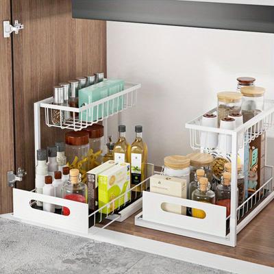 36*27*27.5cm1pc Double-layer Pull-out Kitchen Storage Shelf,Spice And Seasoning Storage Rack, Multi-purpose Bathroom Shelf Kitchen Accessories.
