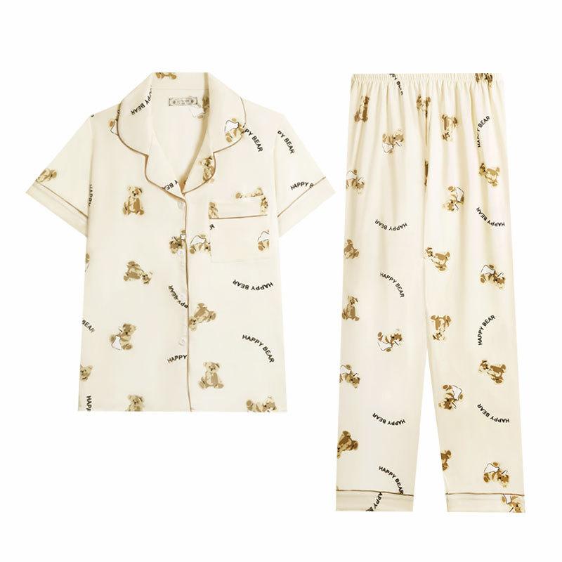 Pajamas Women'S Two-Piece Set Cute Cartoon Bear Cotton Short-Sleeved Trousers Fashionable Versatile Loungewear Can Be Worn Outside