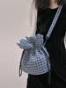 Blaue Dreifarbige Patchwork-Karos Jacquard Kordelzug Schultertasche - Vielseitige Sommer-Crossbody-Tasche