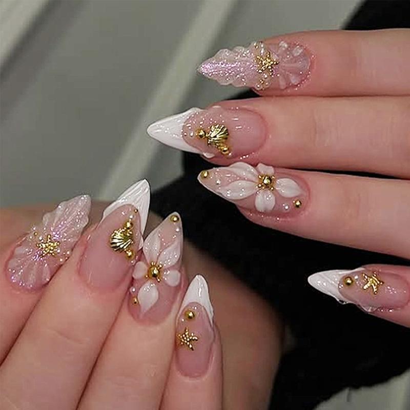 

Стильный французский маникюр Накладные ногти с рельефной кристаллической резьбой Удобный АБС Для любого случая 1