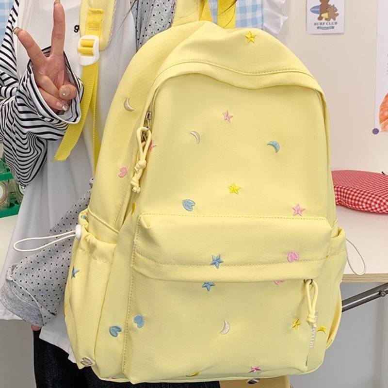 Waterresistant Student Backpack With Star And Moon Embroidery Design For Casual Travel And School