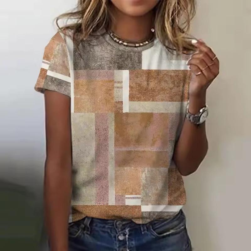 Summer Women's T Shirt Plaid Pattern Print Casual Short Sleeve Crew Neck Tops Fashion Street Oversized Female Clothing Pullover