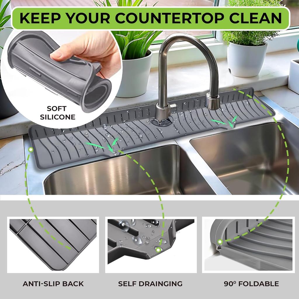 ODRAGO Silicone Kitchen Sink Splash Guard - 24.01 Inch Faucet Mat for Kitchen Sink Water - Longer Faucet Handle Drip Catcher Tray-Sink Guard for