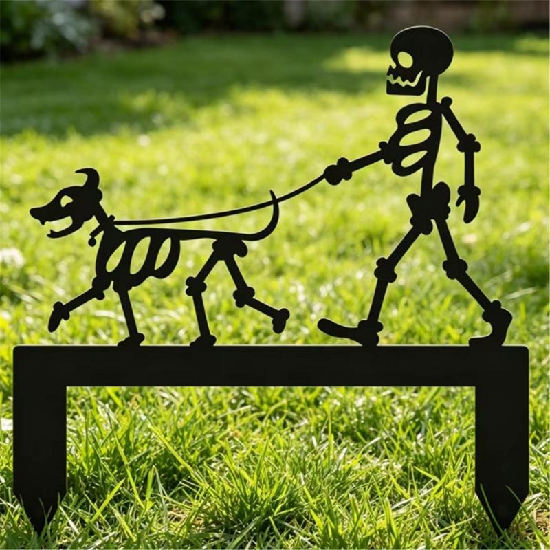 Halloween Garden Stake with Figure and Dog Scene, Metal Yard Sign, 11.81 Inch Lawn Piece for Entry Line, Porch Side, and Party Use