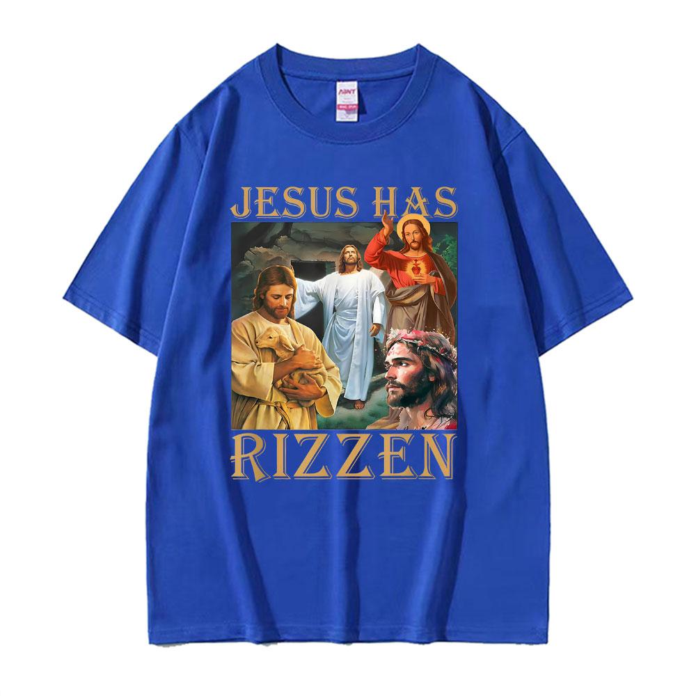 Jesus Has Rizzen Jesus Funny T Shirts Mens Clothing Summer Short Sleeve Pop Vintage Trend Cool Tshirt Cotton Oversized T Shirt