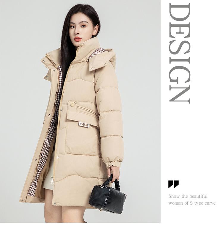 Damen Herbst- und Wintermantel Kontrastfarbe Locker Kapuze Mittellang Verdickt Winddicht Damenjacke 5 Farben