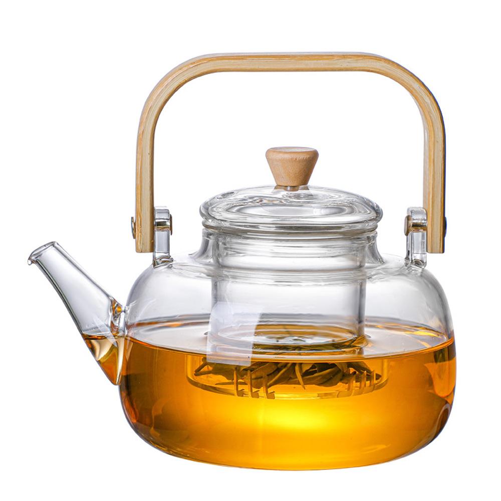 HMLOVE High Boron Silicon Glass Teapot Chinese Tea Ceremony Transparent Teawear Set Cup Filter Wood Handle Tea Pot 900ML