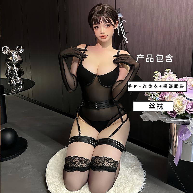 European and American fun purple suit, new steel tray mesh see-through onesie with leg rings, love underwear