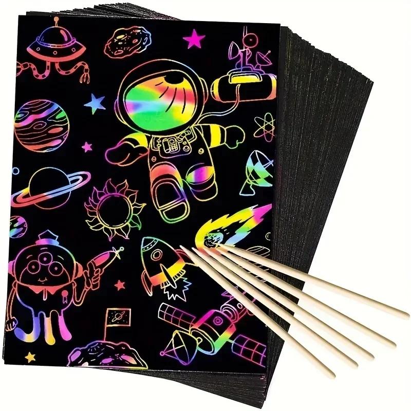 50pcs Magic Scratch Paper 5pcs Bamboo Pens Scratch Rainbow Art Paper Scratch Painting Kit with 5 Wooden Sticks Birthday Gift