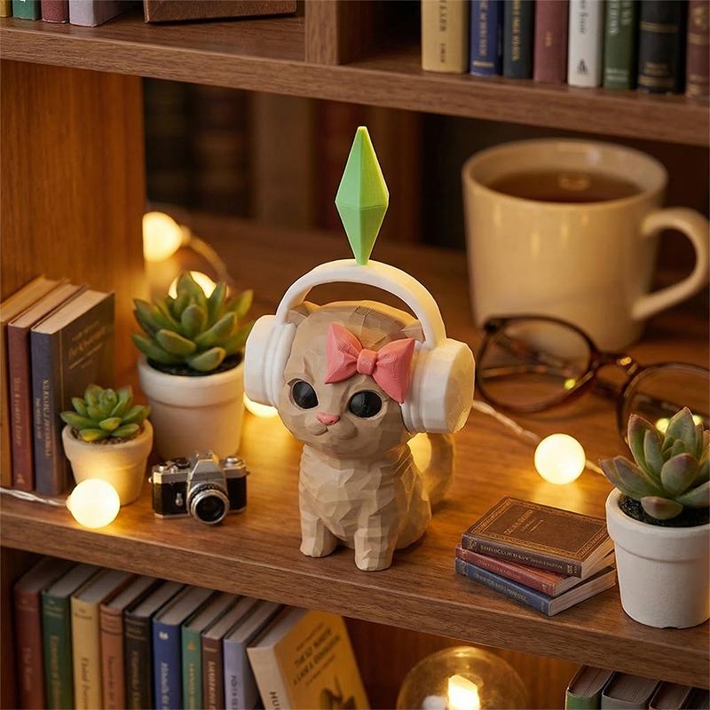 3D Printed Cat Figurine With Headphones & Plumbob Decor-Cute Geometric Kitten Statue,Home Desk Decor,Kawaii Room Accents Gift